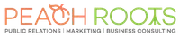 Peach Roots logo featuring peach icon integrated with text, highlighting PR, marketing, and business consulting services.