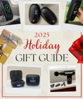 2025 holiday gift guide featuring tech gadgets like wireless earbuds, massage gun, phone charger, and insulated bottle.