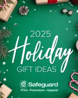 2025 Holiday Gift Ideas text with festive decorations and Safeguard logo on green background.