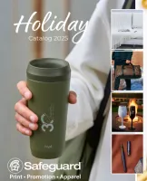 Holiday catalog 2025 cover featuring travel mug and lifestyle product images for print, promotion, and apparel.