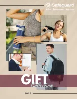 Collage showcasing gift items including a water bottle, massage gun, headphones, and a backpack for 2025 collection.