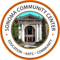 a circular logo with a building in the center