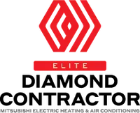 Red geometric logo above red rectangle with white text 'ELITE' for Mitsubishi Electric Heating and Air Conditioning