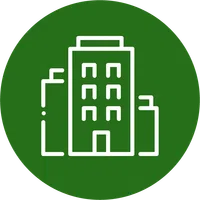 White building icon with windows and door on green circular background representing urban buildings