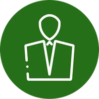 White minimalist business person icon in a suit on a solid green circular background.