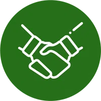 White handshake icon on a green circular background symbolizing agreement or partnership