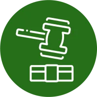 White auction gavel striking a block icon on green circular background symbolizing law or bidding.