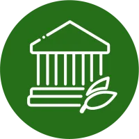 an icon of a courthouse with leaves in front of it