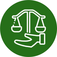 Hand holding a scale symbolizing justice on a green background.