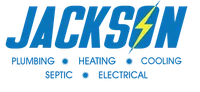 Jackson logo with a yellow lightning bolt in the S and services listed including plumbing, heating, cooling, septic, and electrical.
