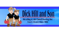 Logo for Dick Hill and Son Heating & Air Conditioning with cartoon father and son holding toolboxes