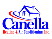 Logo of Canella Heating & Air Conditioning featuring a blue house with red and blue swooshes