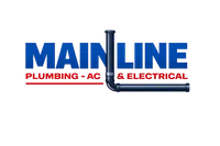 Main Line Plumbing, AC & Electrical logo with bold blue and red text and pipe graphic integrated into the text.