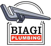 BIAGI Plumbing logo with stylized pipe wrench and bold red text on a black background