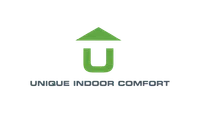 Unique Indoor Comfort logo with a green upward arrow forming a house above a U shape in gray text.