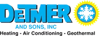 Detmer and Sons Inc logo with a blue snowflake inside a yellow sun, highlighting heating, air conditioning, and geothermal services