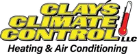 Yellow bold text CLAYS CLIMATE CONTROL next to red thermometer icon on black background