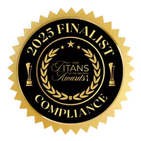 Gold and black 2025 finalist compliance award seal with laurel wreath and trophies graphic