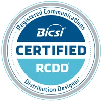 Bicsi Certified Registered Communications Distribution Designer (RCDD) official badge logo in blue and gray.