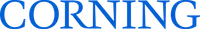 Blue Corning logo with bold uppercase letters on a transparent background.
