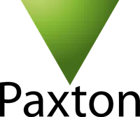 Paxton company logo featuring a green gradient downward arrow above the black text