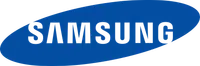 Samsung logo with black text inside a blue elliptical shape on a white background
