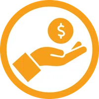 Orange hand icon holding a dollar coin symbol inside an orange-bordered circle