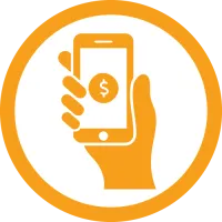 Orange hand holding smartphone with dollar symbol on screen inside orange circle icon.