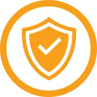 Orange shield icon with a white checkmark in the center representing security and protection.
