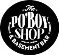 Logo of The Po'Boy Shop and Basement Bar in Victoria, Louisiana on a black background.