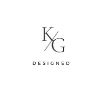 Minimalist logo with letters K and G separated by a diagonal line and the word DESIGNED below