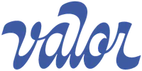 Valor logo in blue cursive script with connected flowing letters on a transparent background