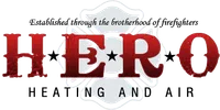 Red HERO text overlaying a faded firefighter emblem with star and shield elements on a transparent background