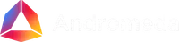 Andromeda logo featuring a triangular gradient icon with blue, purple, red, and yellow colors next to white text on black background