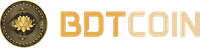 BDTcoin digital cryptocurrency logo with gold coin featuring a lotus and circuit design on black background.