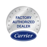 Carrier Factory Authorized Dealer badge with trusted experts text in silver and blue design
