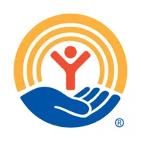 Blue hand holding red person figure under three orange arcs symbolizing care and support.