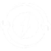 White electric bolt inside circle, flanked by two wrench shapes forming a gear on a black background