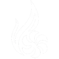 White flame-shaped design with a stylized five-petal flower against a black background