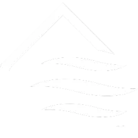 White house-shaped outline with three horizontal wave lines inside symbolizing air flow or ventilation on black background