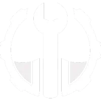 White wrench centered inside a white gear on a transparent background symbolizing tools and machinery.