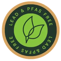 Green badge with two overlapping leaf icons and text reading Lead & PFAS Free in circular layout.