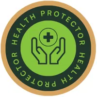 Green and black circular badge with hands holding a medical cross and text Health Protector around it.