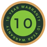 Circular badge with green center and gold border displaying 10 Year Warranty text and number 10