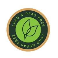 Round green badge with two leaf icons and text stating lead and PFAS free product certification.