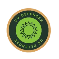 Circular UV Defender badge with a sun icon in green and black colors with a gold outer ring