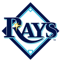 Tampa Bay Rays logo with navy and light blue text over baseball diamond shape featuring a starburst on the letter R.