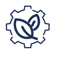 Blue icon of two leaves inside a gear symbol representing eco-friendly technology or sustainable engineering