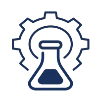 Blue outline of a laboratory flask inside a gear symbolizing science and engineering integration
