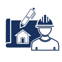 Icon showing a construction worker with a hard hat and a blueprint with a house and pencil representing building planning.